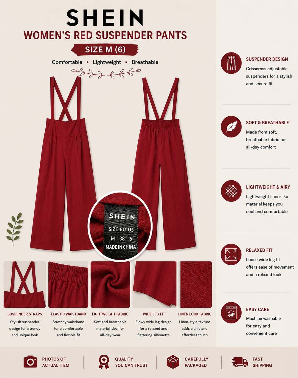 SHEIN Women's Red Wide Leg Suspender Pants